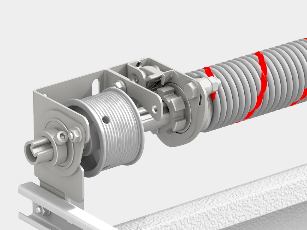Устройство защиты от обрыва пружины блокирует вал, что  предотвращает падение полотна ворот.